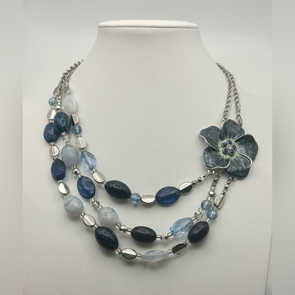 New York & Company Jewelry - New York & Company Multistrand Beaded Blue Enamel Flower Necklace